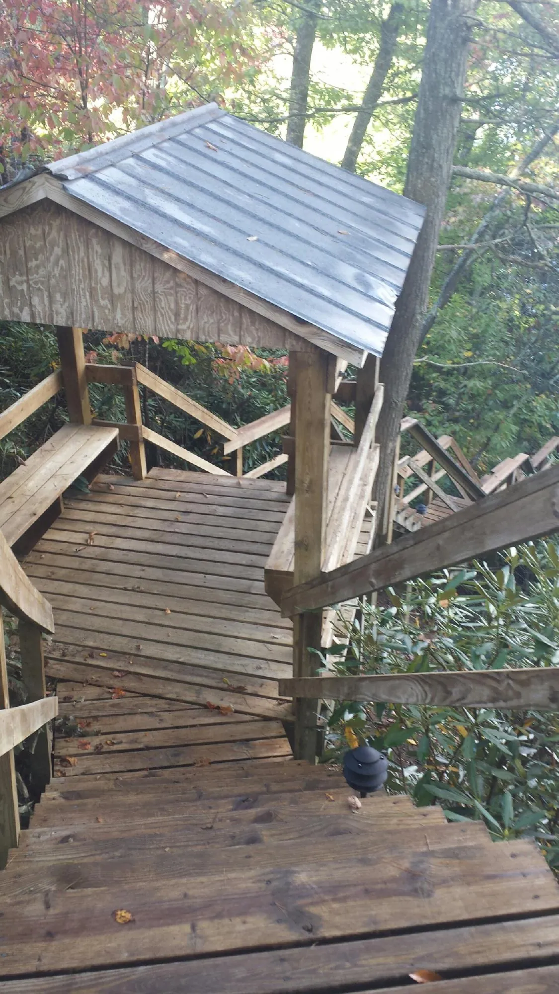 Metal roofed shelter over wooden steps on a wooded walkway — Skylight Repair & Installation work by our crew in Red Creek