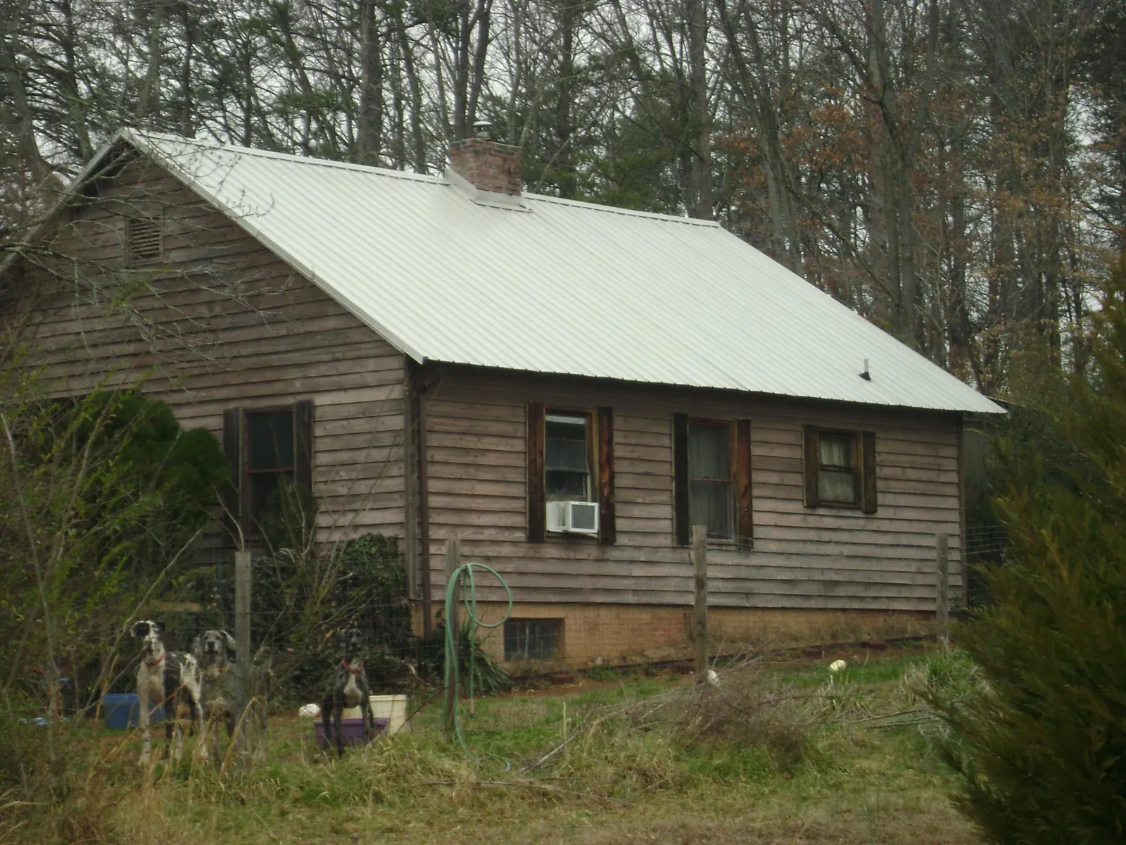 White metal roof on an old wood sided farmhouse, from a Metal Roof Installation job in Red Creek